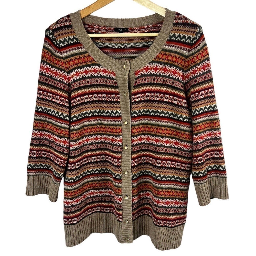 Talbots Tan Fair Isle Cardigan Sweater Wool Blend